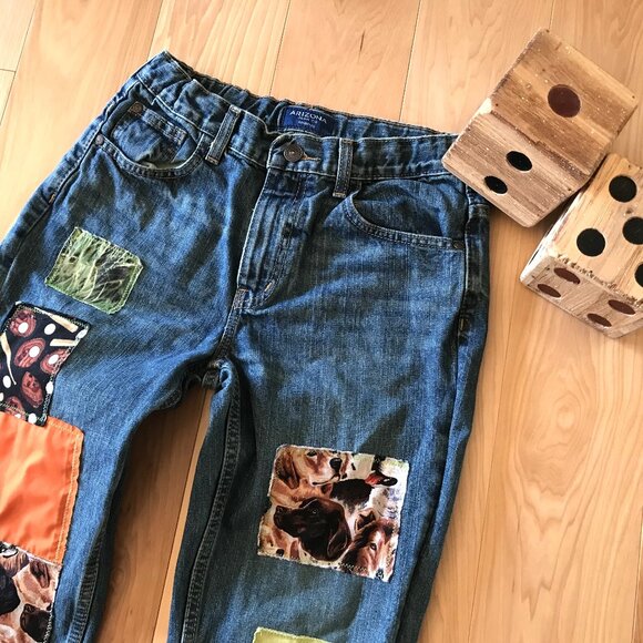 Children's Pants, Size 10 Husky: Upcycled Puppies Baseball Theme Patchwork Jeans - Picture 13 of 16